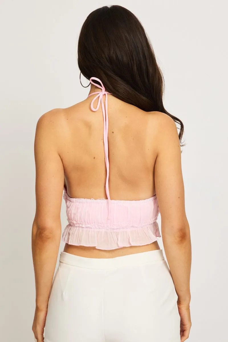 Pink Halter Textured Top Sleeveless Tie Back Cropped sold by Ally Fashion product image thumbnail 4
