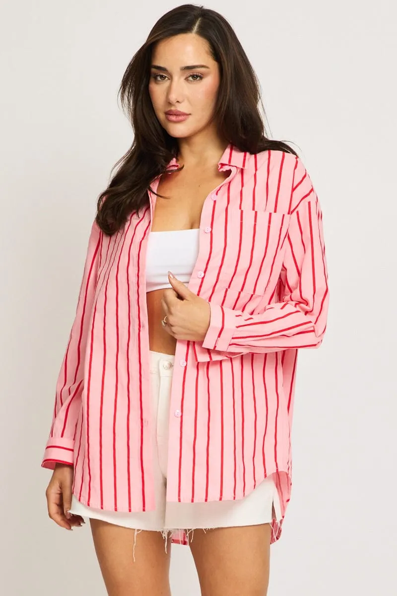 Pink Stripe Oversized Shirt Long Sleeve Collared sold by Ally Fashion product image thumbnail 3
