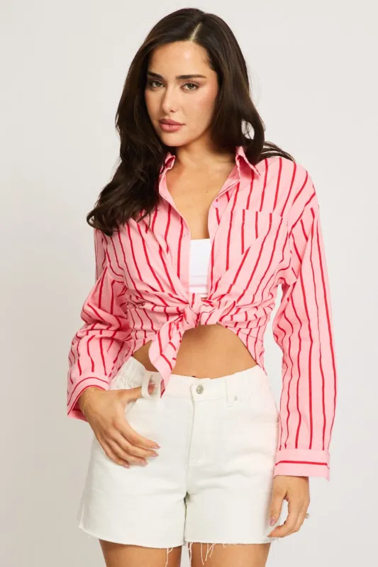 Pink Stripe Oversized Shirt Long Sleeve Collared sold by Ally Fashion