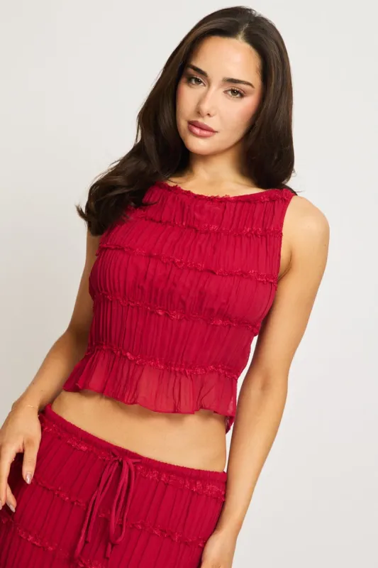Red Shirred Singlet Boat Neck Longline sold by Ally Fashion