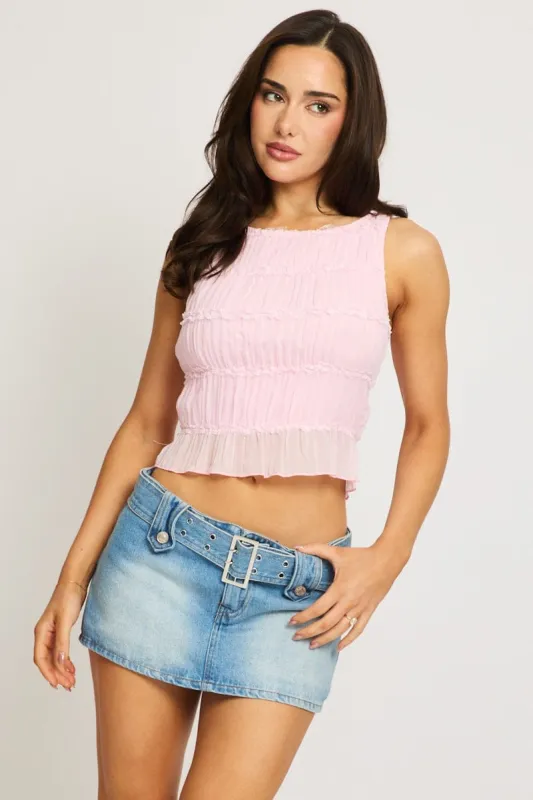 Pink Shirred Singlet Boat Neck Longline sold by Ally Fashion