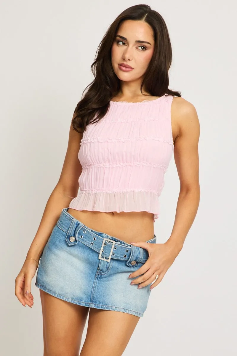 Pink Shirred Singlet Boat Neck Longline sold by Ally Fashion