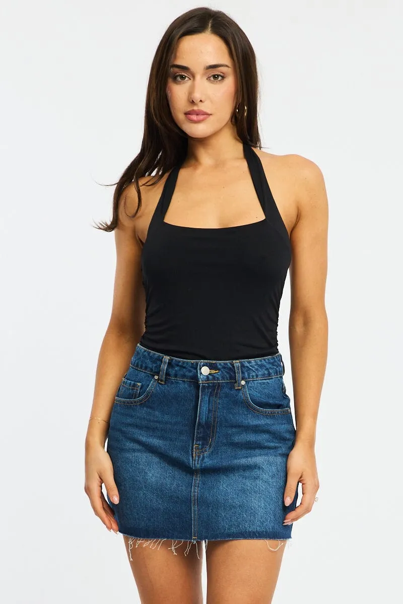 Denim Mini Skirt Mid Rise Raw Edge sold by Ally Fashion