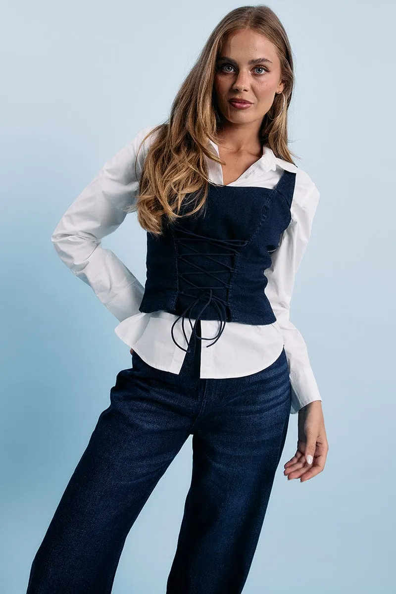 Denim Corset Sleeveless Sweetheart Neck Lace Up sold by Ally Fashion