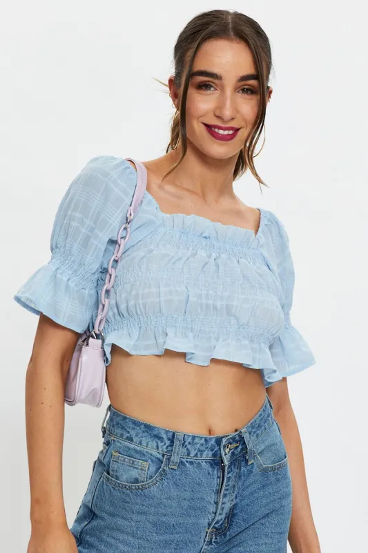 Blue Short Sleeve Textured Shirred Puff Sleeve Crop Top sold by Ally Fashion