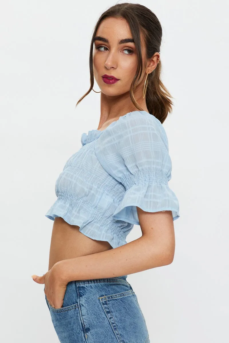 Blue Short Sleeve Textured Shirred Puff Sleeve Crop Top sold by Ally Fashion product image thumbnail 4
