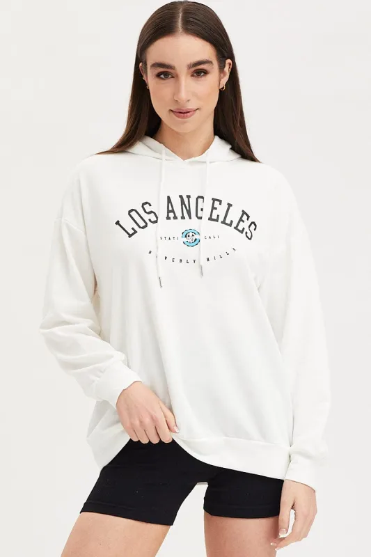 White Graphic Hooded Sweat Long Sleeve Oversized sold by Ally Fashion