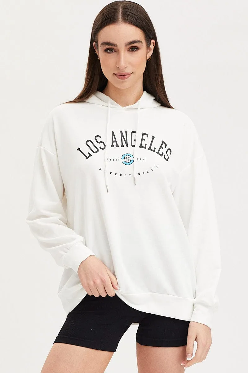 White Graphic Hooded Sweat Long Sleeve Oversized sold by Ally Fashion