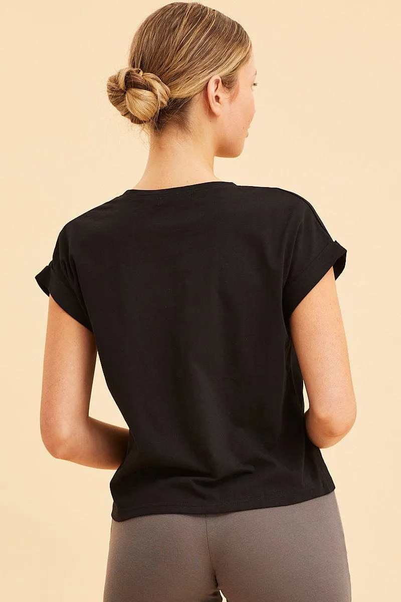 Black Cropped T-Shirt Crew Neck Roll Sleeve Cotton sold by Ally Fashion product image thumbnail 5