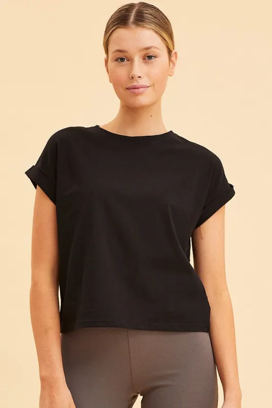Black Cropped T-Shirt Crew Neck Roll Sleeve Cotton sold by Ally Fashion