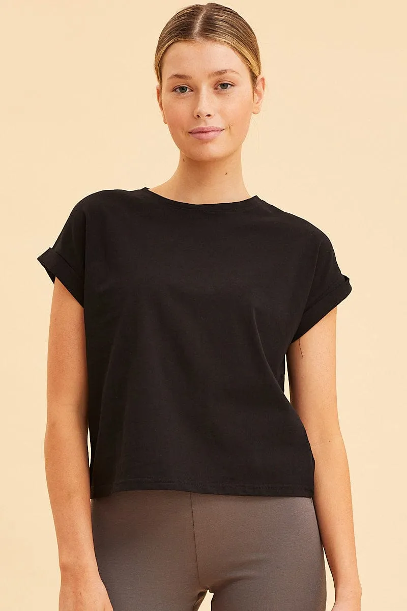 Black Cropped T-Shirt Crew Neck Roll Sleeve Cotton sold by Ally Fashion