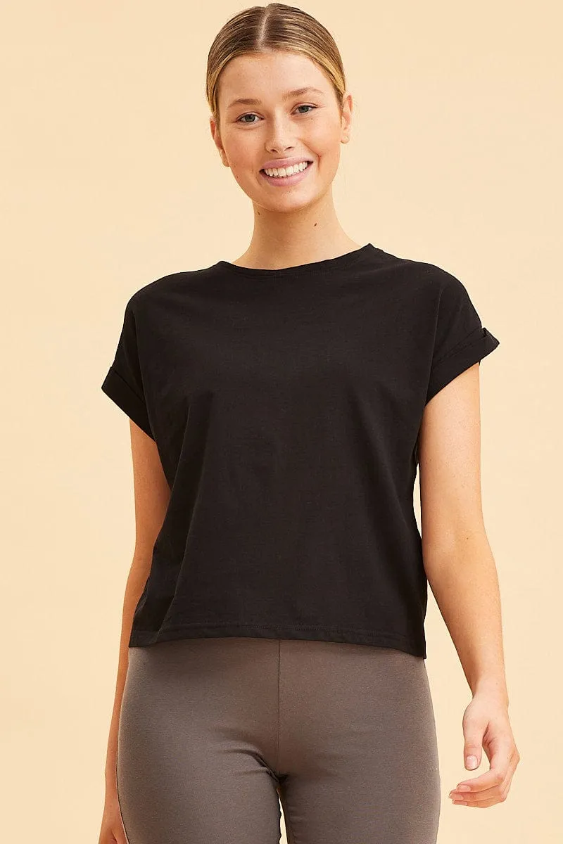 Black Cropped T-Shirt Crew Neck Roll Sleeve Cotton sold by Ally Fashion product image thumbnail 3
