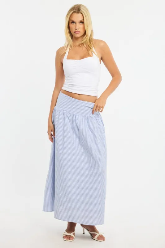 Blue Stripe Maxi Skirt Drop Waist Shirred Back sold by Ally Fashion