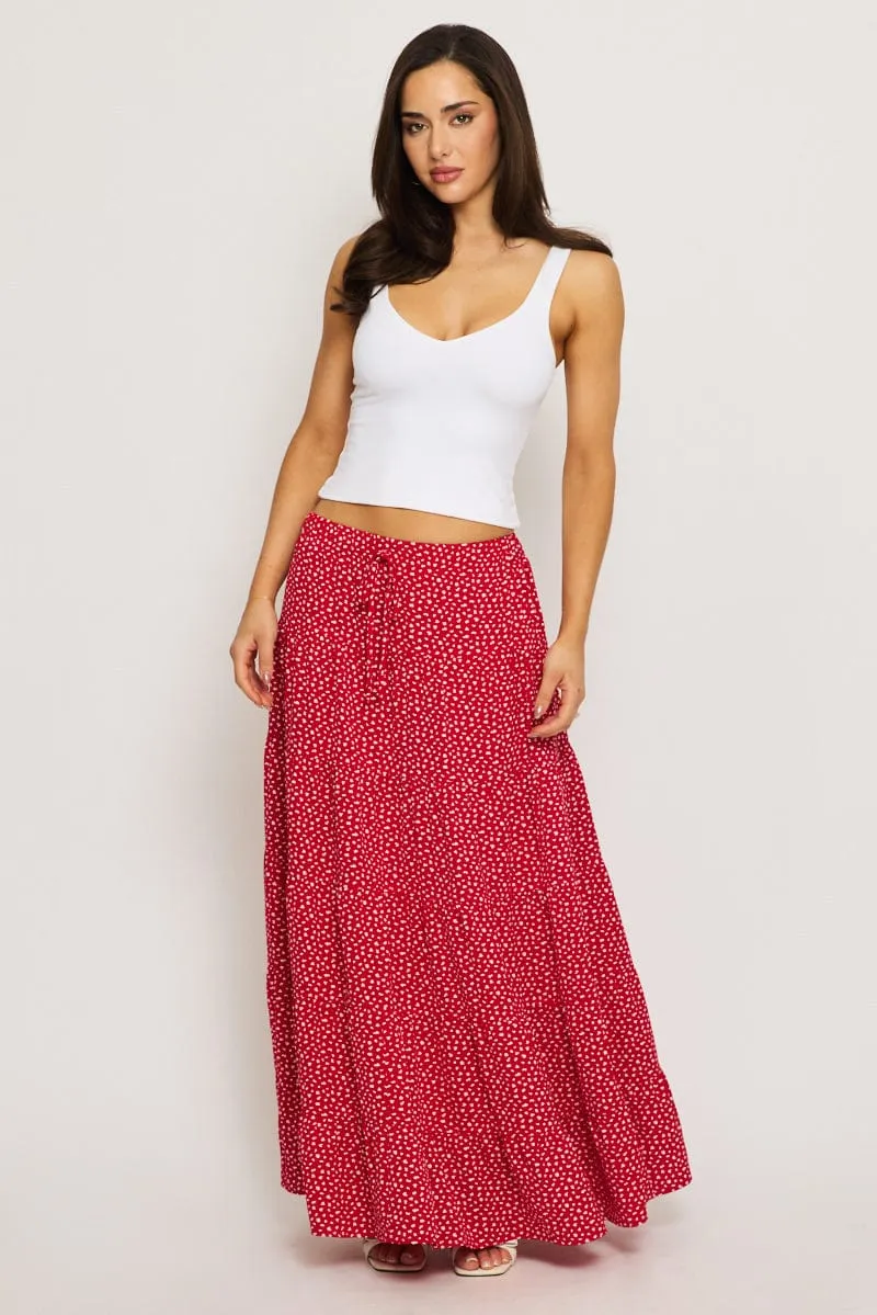 Red Ditsy Maxi Skirt Tiered High Rise sold by Ally Fashion
