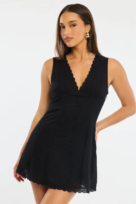 Black Mini Dress V-neck Eyelet Fabric sold by Ally Fashion
