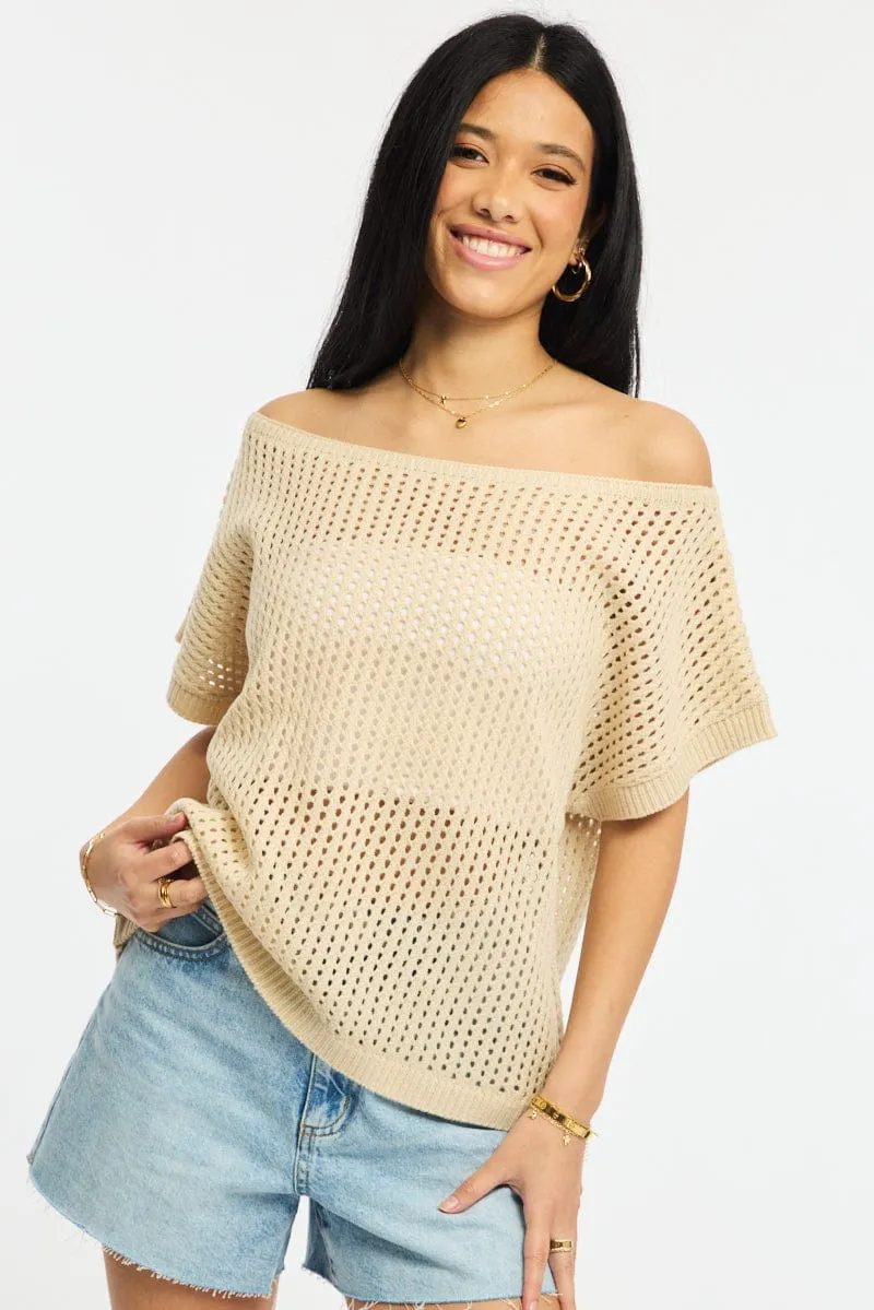 Beige Knit Top Off Shoulder sold by Ally Fashion