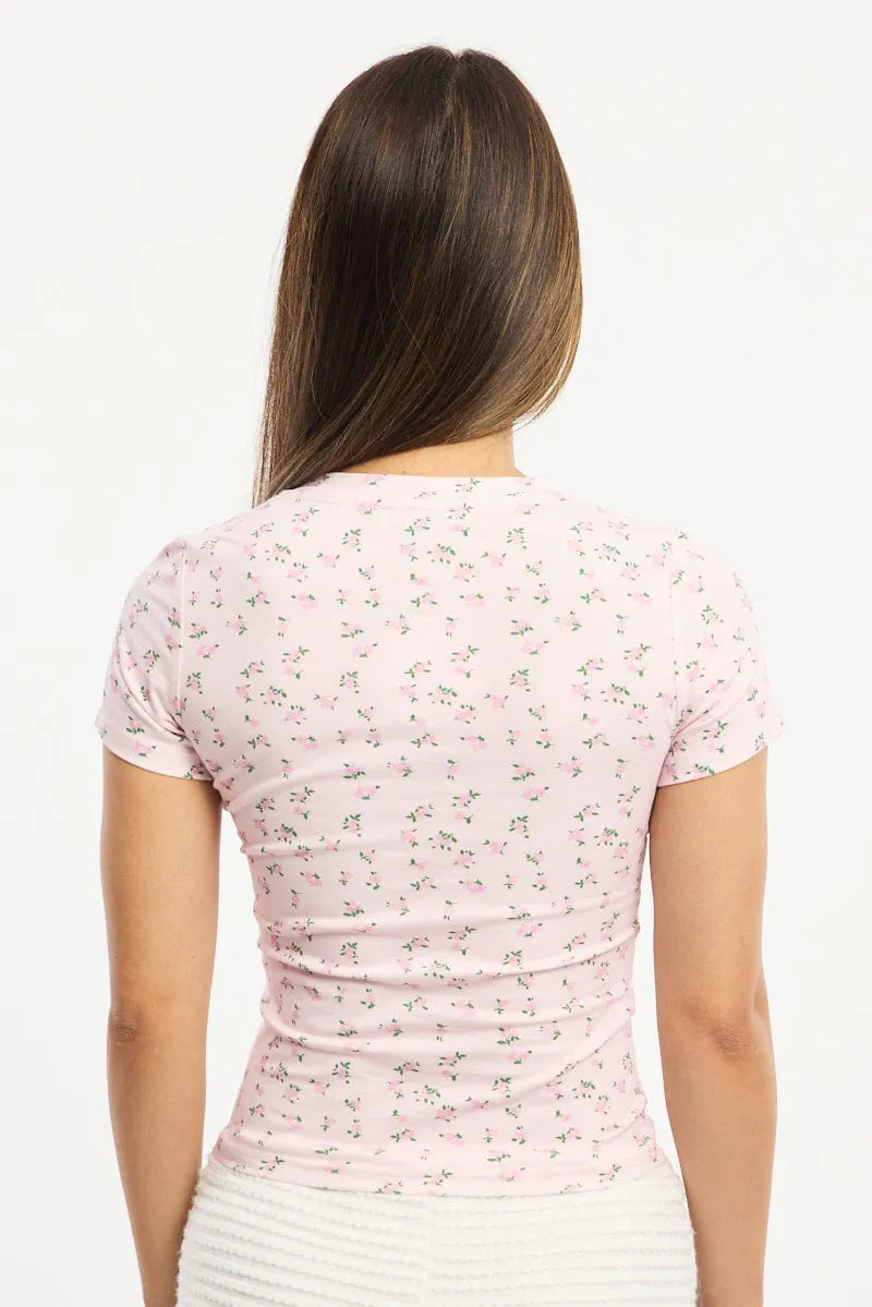 Pink Ditsy Henley Top Short Sleeve sold by Ally Fashion product image thumbnail 4