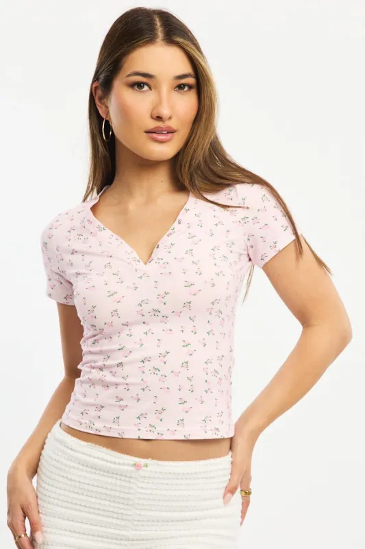 Pink Ditsy Henley Top Short Sleeve sold by Ally Fashion