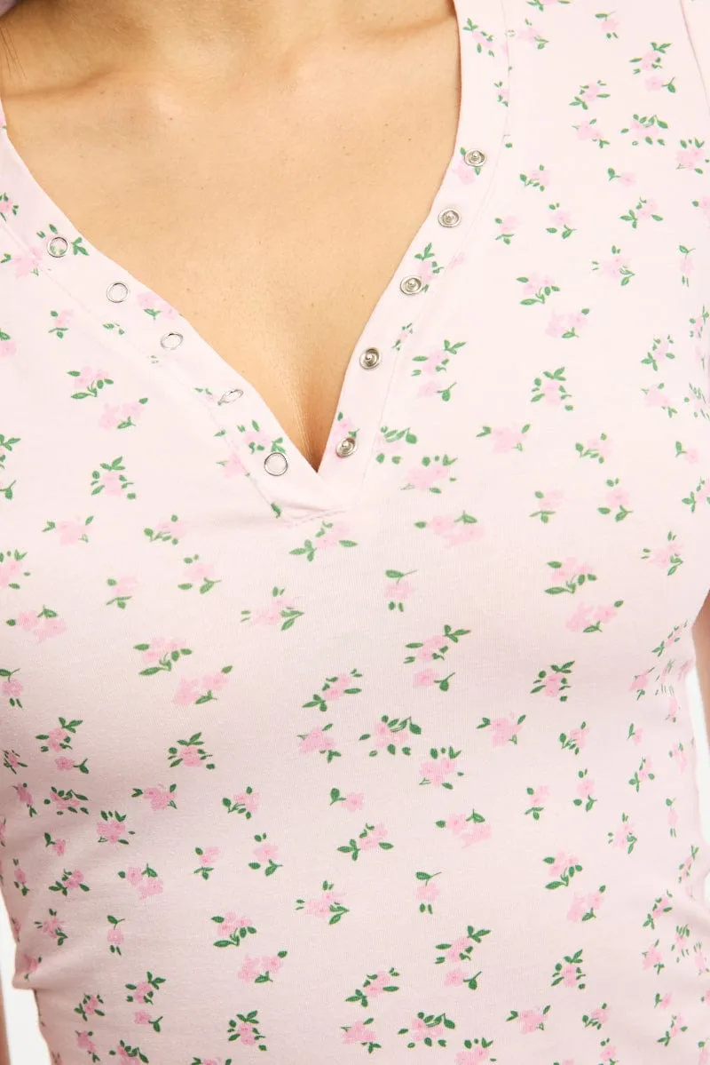 Pink Ditsy Henley Top Short Sleeve sold by Ally Fashion product image thumbnail 5