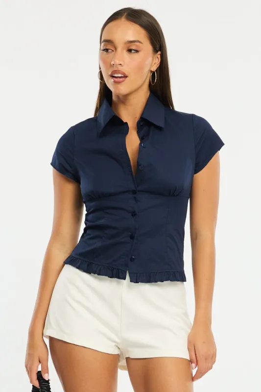 Blue Button Up Shirt Short Sleeve Collared Ruffled Hem sold by Ally Fashion