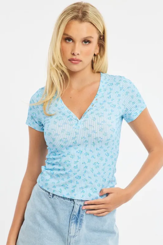 Blue Check Henley Top Short Sleeve sold by Ally Fashion