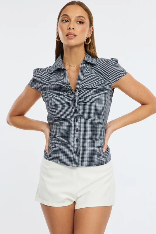 Black Check Button Up Shirt Short Sleeve Collared Tie Back sold by Ally Fashion