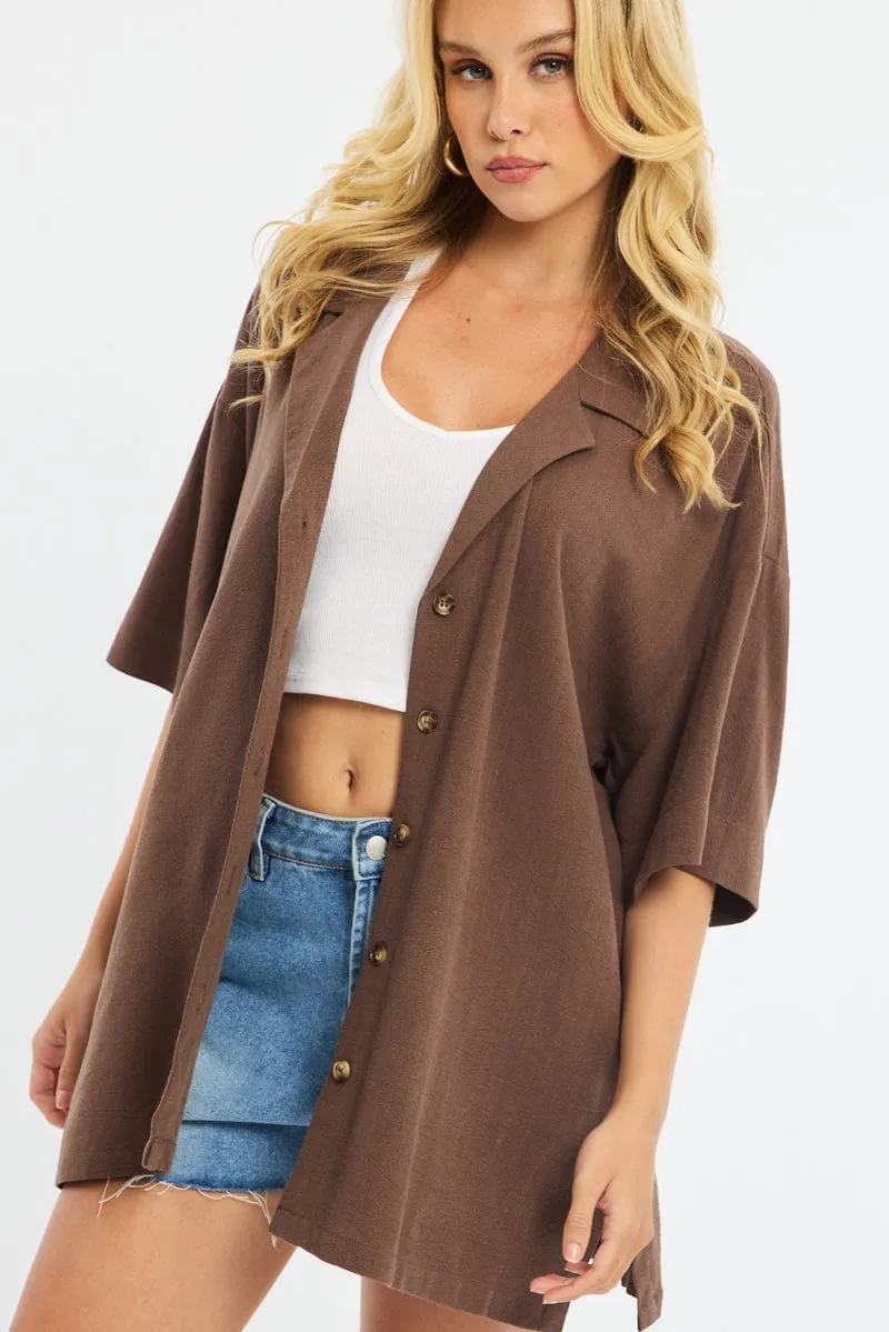 Brown Relaxed Shirt Short Sleeve Collared Linen Blend sold by Ally Fashion product image thumbnail 5