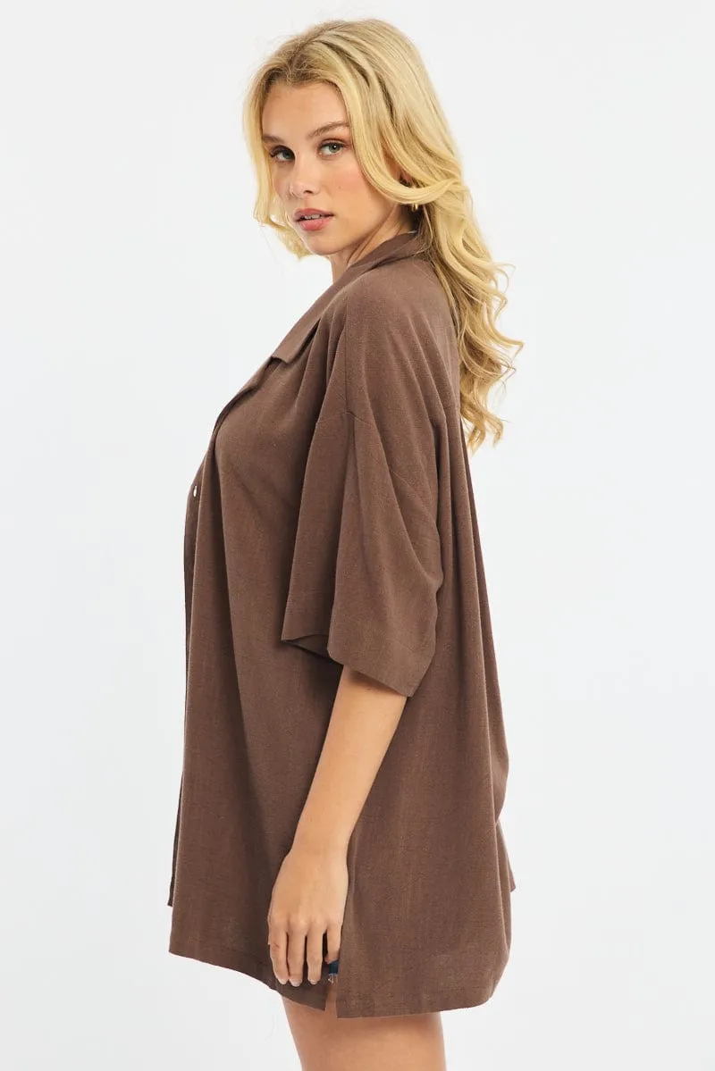 Brown Relaxed Shirt Short Sleeve Collared Linen Blend sold by Ally Fashion product image thumbnail 3