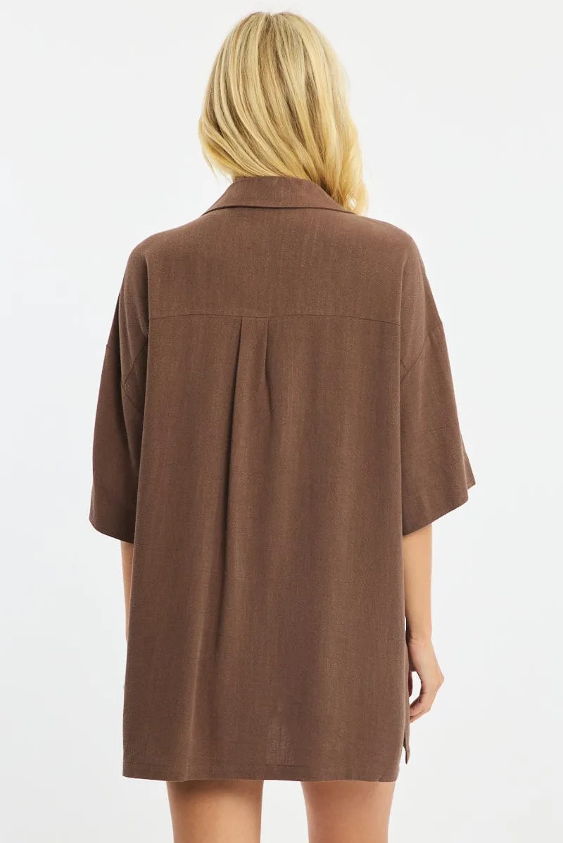 Brown Relaxed Shirt Short Sleeve Collared Linen Blend sold by Ally Fashion product image thumbnail 4