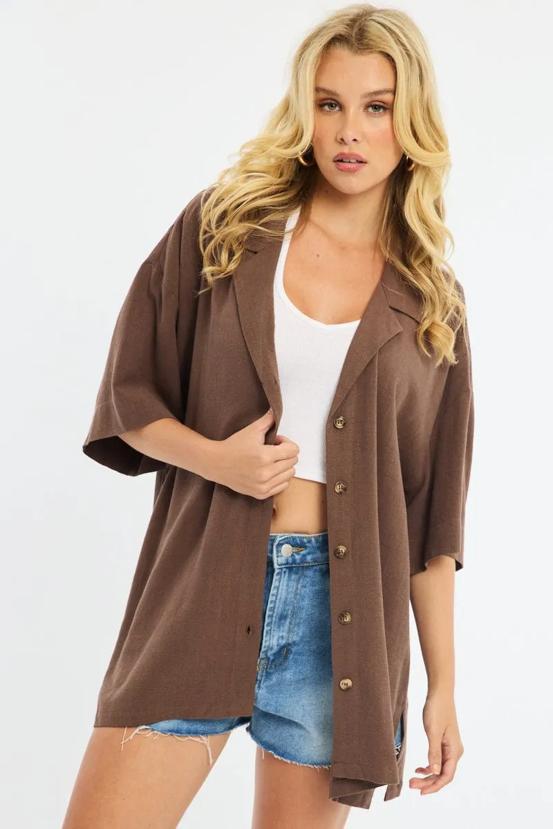 Brown Relaxed Shirt Short Sleeve Collared Linen Blend sold by Ally Fashion