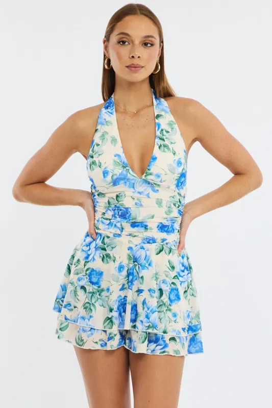Blue Floral Playsuit V-neck Mesh sold by Ally Fashion