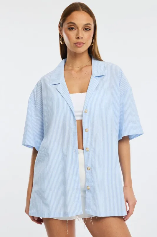 Blue Stripe Relaxed Shirt Short Sleeve Collared sold by Ally Fashion