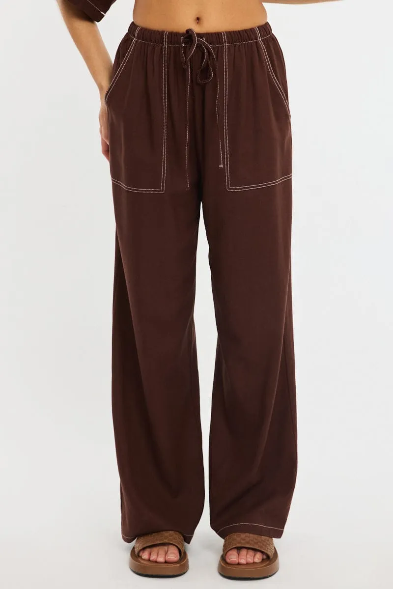 Brown Wide Leg Pants Contrast Stitch sold by Ally Fashion product image thumbnail 2