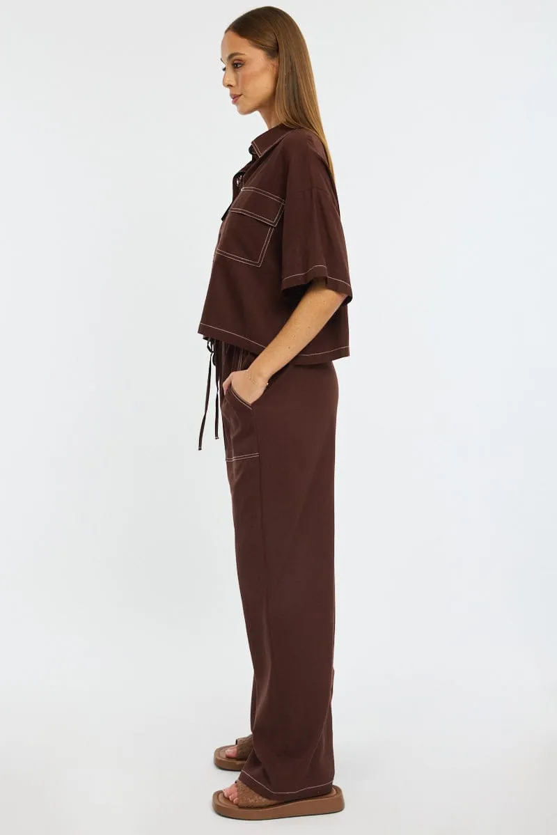 Brown Wide Leg Pants Contrast Stitch sold by Ally Fashion product image thumbnail 3