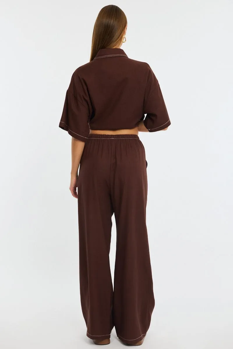 Brown Wide Leg Pants Contrast Stitch sold by Ally Fashion product image thumbnail 4