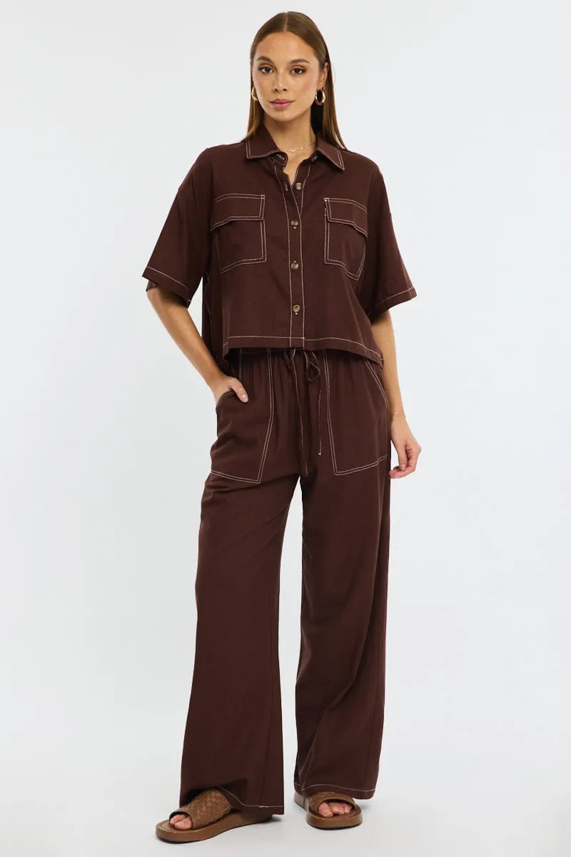 Brown Wide Leg Pants Contrast Stitch sold by Ally Fashion