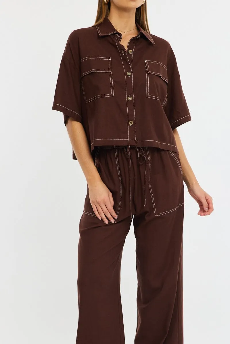 Brown Wide Leg Pants Contrast Stitch sold by Ally Fashion product image thumbnail 5