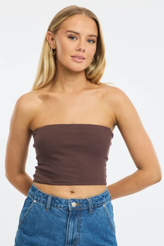Brown Bandeau Top Sleeveless Strapless Rib sold by Ally Fashion