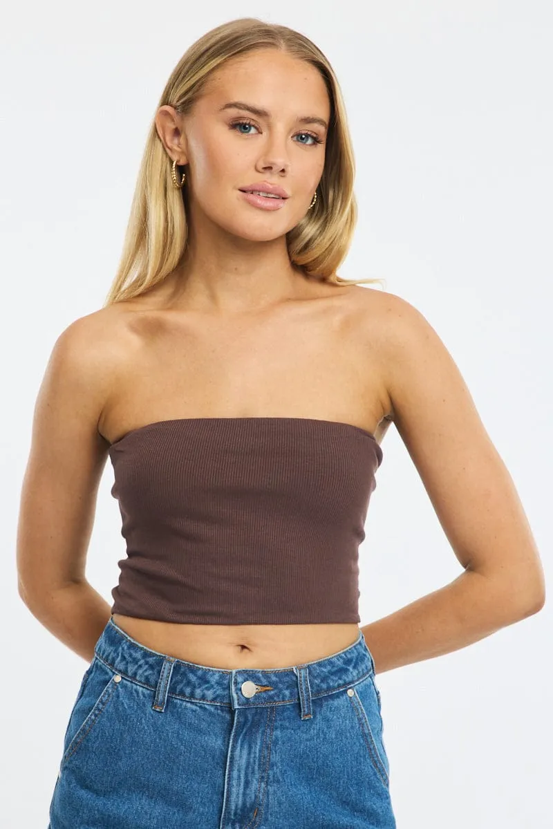 Brown Bandeau Top Sleeveless Strapless Rib sold by Ally Fashion