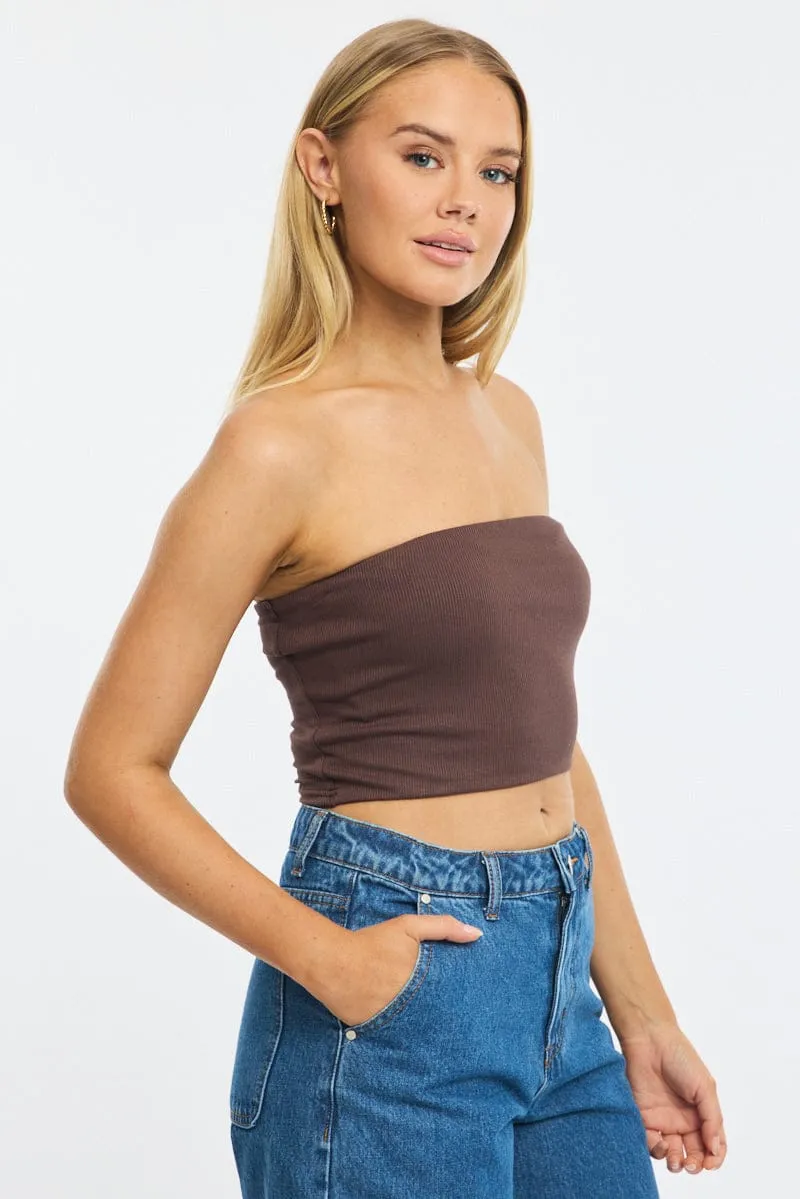 Brown Bandeau Top Sleeveless Strapless Rib sold by Ally Fashion product image thumbnail 3