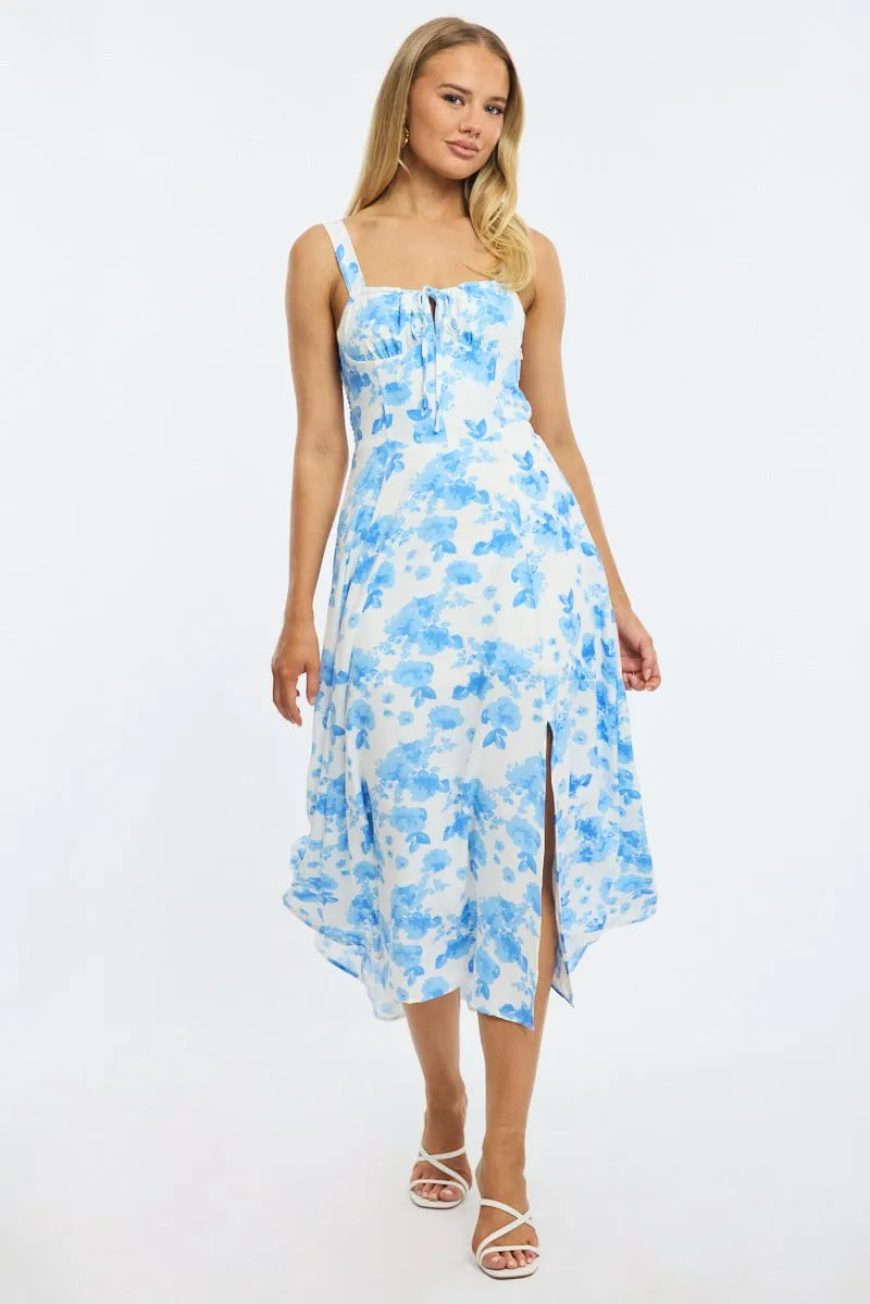 Blue Floral Midi Dress Ruched Bust sold by Ally Fashion