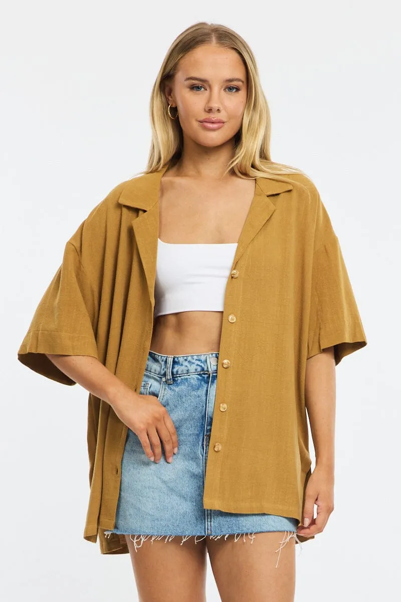Beige Relaxed Shirt Short Sleeve Collared Linen Blend sold by Ally Fashion