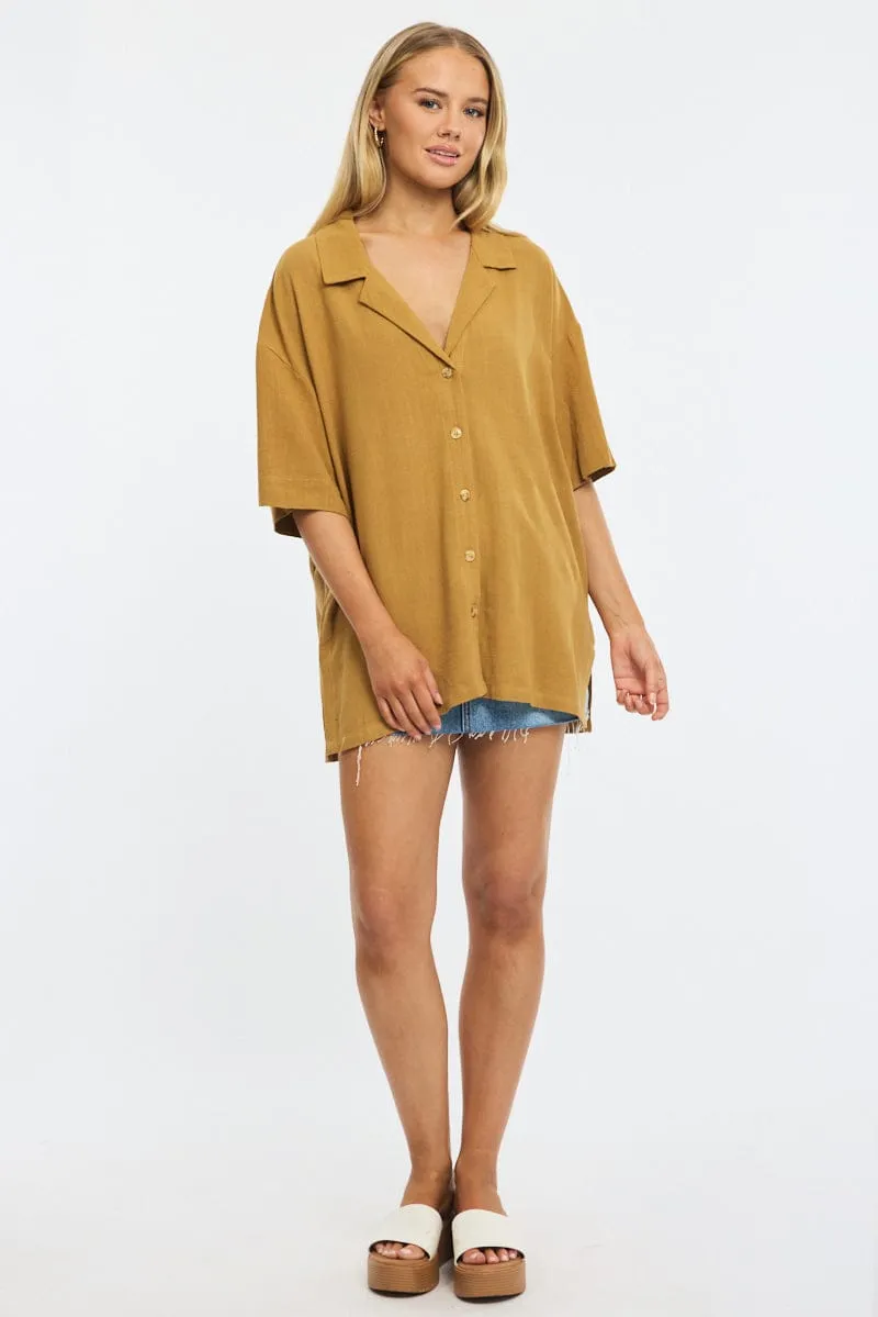 Beige Relaxed Shirt Short Sleeve Collared Linen Blend sold by Ally Fashion product image thumbnail 2