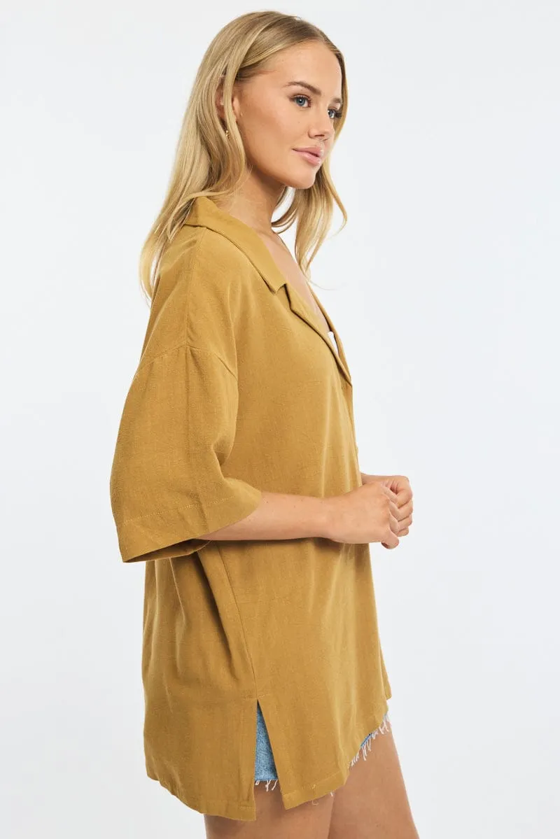 Beige Relaxed Shirt Short Sleeve Collared Linen Blend sold by Ally Fashion product image thumbnail 3