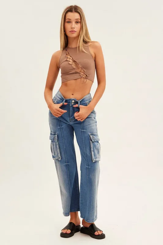 Blue Wide Leg Denim Cargo Pants sold by Ally Fashion