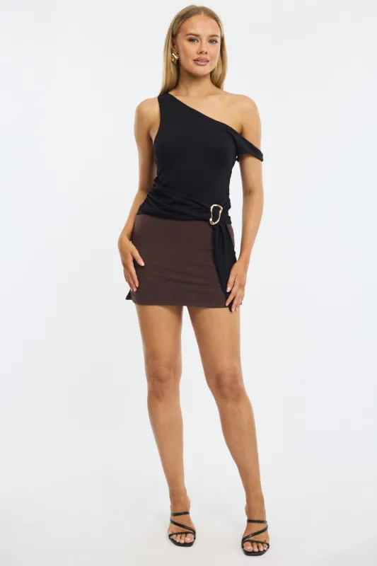 Brown Mini Skort Skirt Elasticated Waist Side Split sold by Ally Fashion