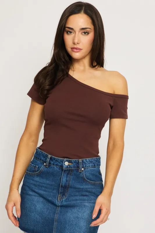 Brown One Shoulder Tee sold by Ally Fashion