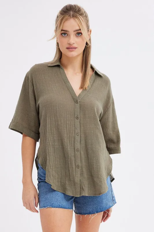 Green Textured Cotton Short Sleeve Collared Shirt sold by Ally Fashion