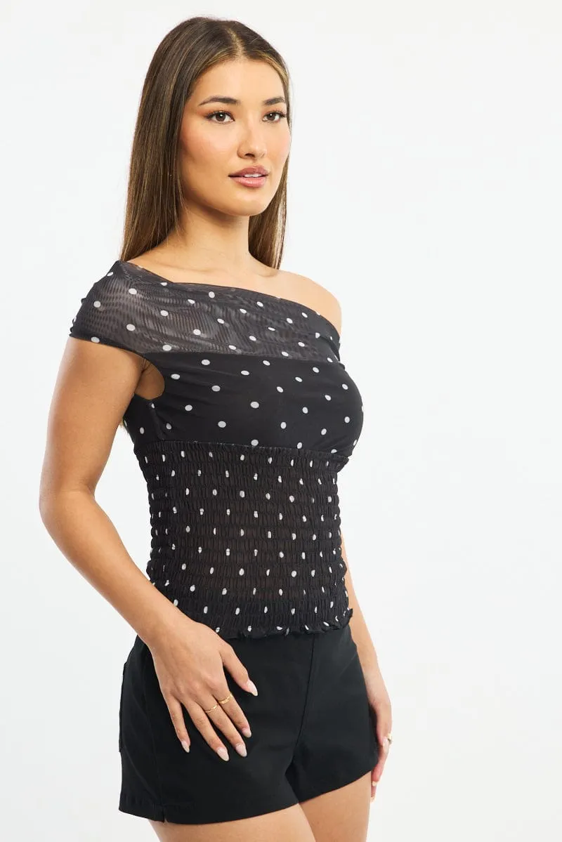 Black Polka Dot One Shoulder Polka Dot Mesh Top sold by Ally Fashion product image thumbnail 4