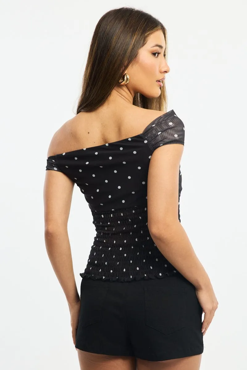 Black Polka Dot One Shoulder Polka Dot Mesh Top sold by Ally Fashion product image thumbnail 5